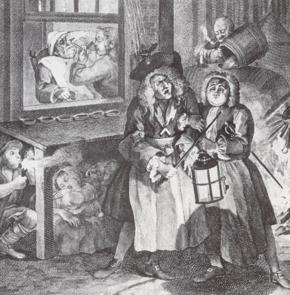 Sir Thomas De Veil in full masonic regalia is being escorted home by a man in a wig, with a lantern in one hand.  The contents of a chamber pot is being emptied on his head from above, and a family can be seen asleep beneath a bulk below a window where a barber is shaving a customer.  A link boy is blowing on a punk to raise a flame on the left, and a man is watering down a barrel of beer in the background.