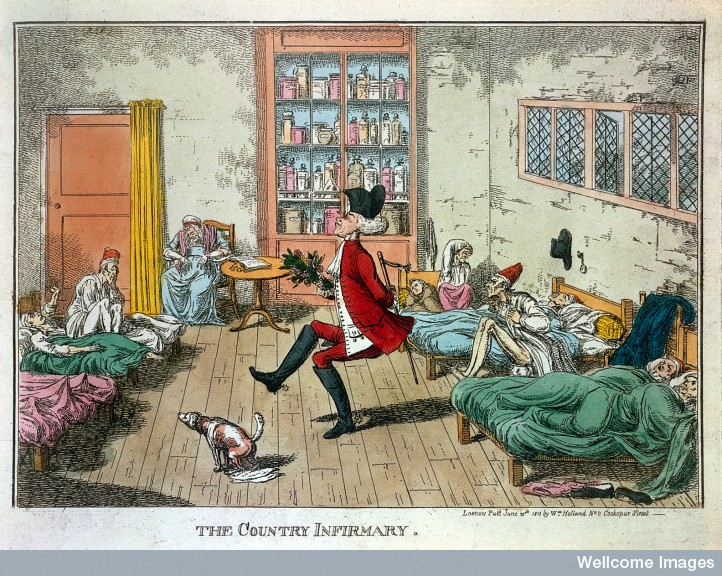 A nonchalant doctor dances a jig amidst unhappy patients in a decrepit hospital ward.