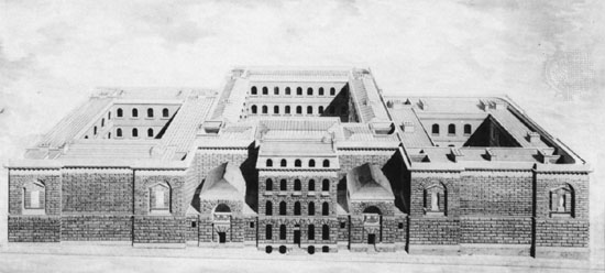 A bird's eye view of Newgate prsion showing both its stone frontage, and the organisation of courtyars behind.