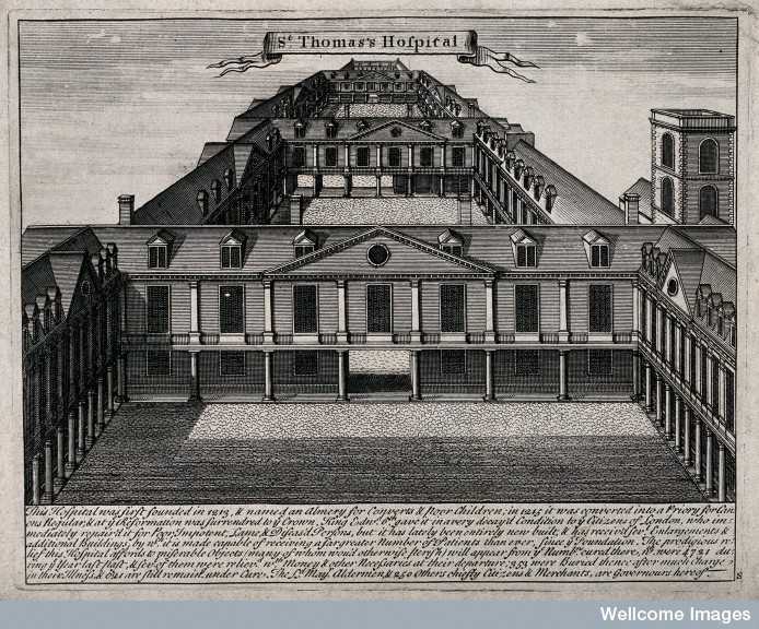 A bird's eye view of the three courtyards of St Thomas's Hospital, looking east