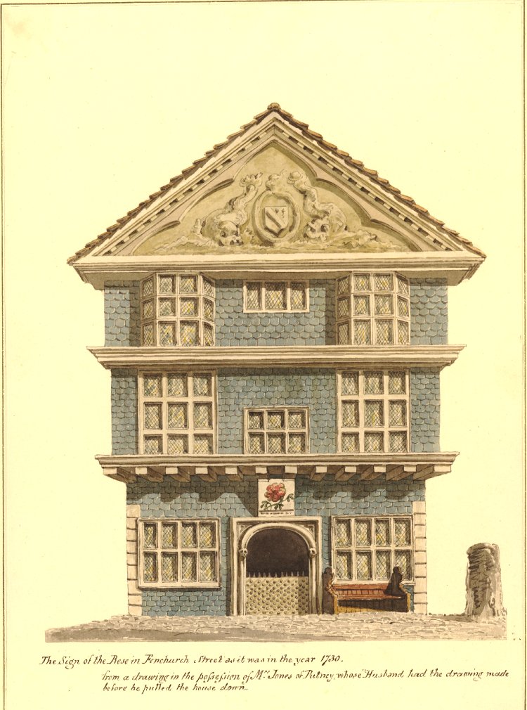 The front of the Rose Tavern in Fenchurch Street, showing the sign of the rose above the entrance.