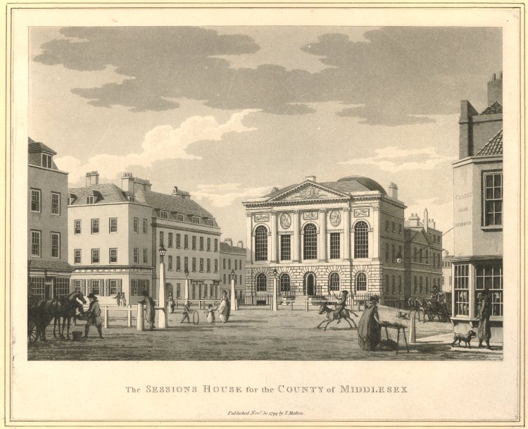 A large neo-classical building, with four Ionic columns across the front with pediment above; a coat of arms in relief in the pediment; a street trader in the right foreground; and other figures on the green including a boy playing with a hoop