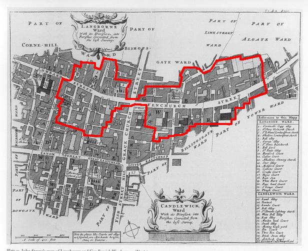 The parish boundaries of St Dionis Backchurch