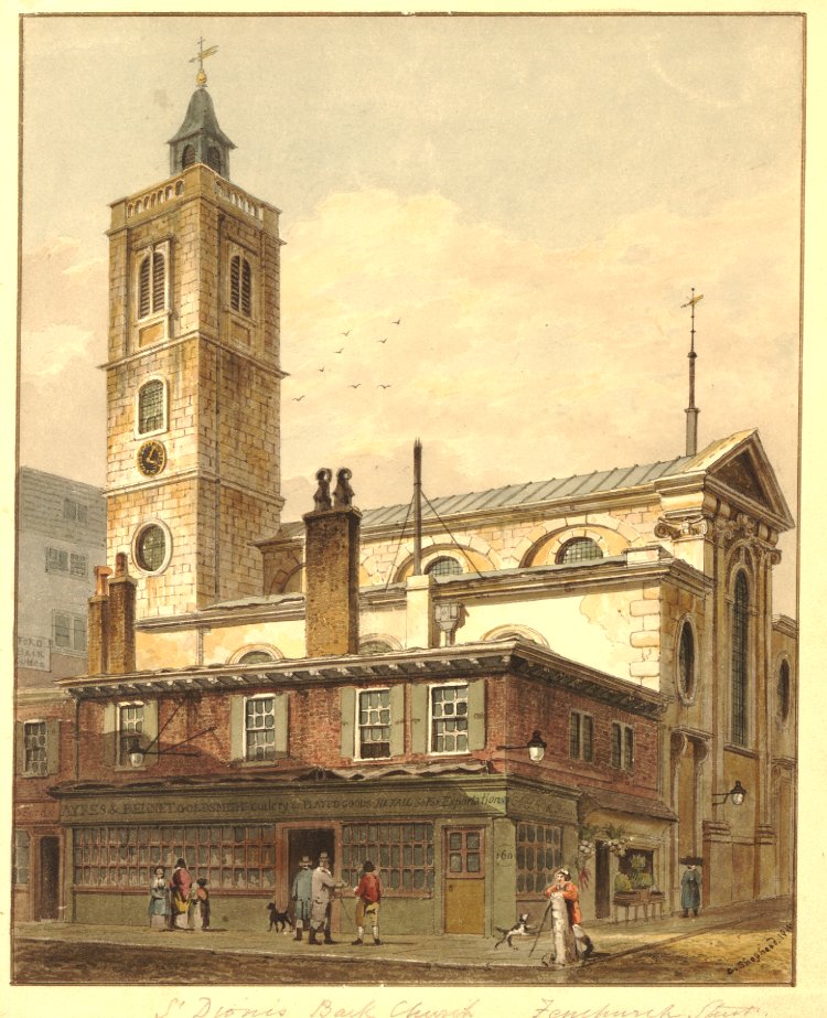 St Dionis Church, as seen over the bulk of a cutlery and plain goods shop on Fenchurch Street