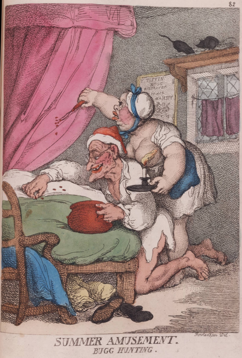 An old man and obese woman lean over a bed picking bugs from the sheets