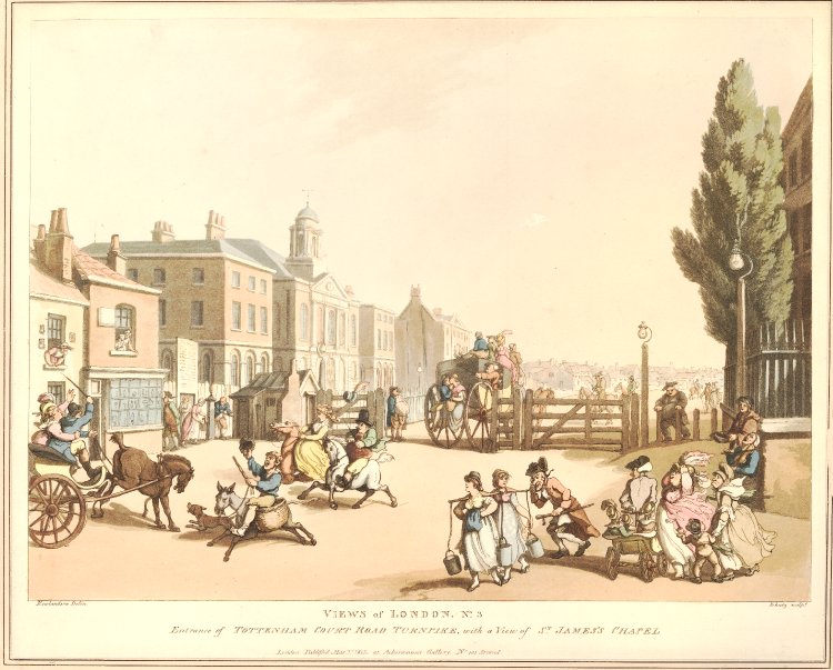 A topographical view of the turnpike, showing the chapel (left) and houses in the distance. In the foreground are figures, humorously drawn (left to right): a man and woman, 'cits' in a gig, with kicking horse; a boy galloping on an ass with panniers; a couple riding, and in difficulties; two pretty milk-maids ogled by a decrepit man; an elderly man drawing three children in a go-cart; beside him are two fat women and a little boy.