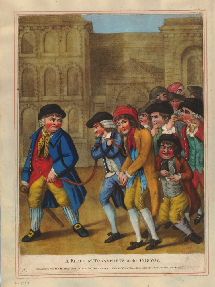 A man a crowd of prisoners sentenced to transportation by a rope. The two foremost prisoners are bearded, and behind them is a knock-kneed youth taking a pinch of snuff; and a man a bone. There are ten prisoners in all. In the background can be seen the façade of Newgate prison as rebuilt following the Gordon Riots.
