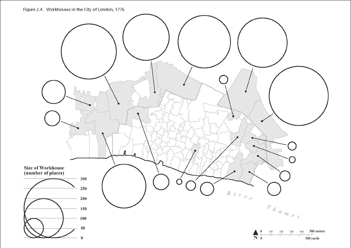 A map indicating the location and size of workhouses in the City of London according to the 1776 Parliamentary Returns