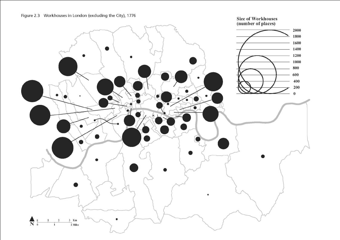 A map indicating the location and size of workhouses in the metropolitan area beyond the City according to the 1776 Parliamentary Returns