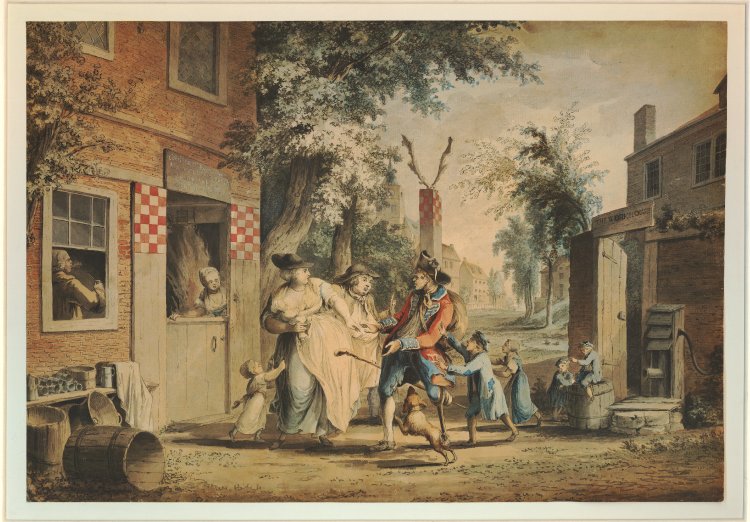 A disabled soldier in a red coat, followed by two children in rags, appeals for alms.  To the right can be seen a building with a sign over the door reading 'The Workhouse'.